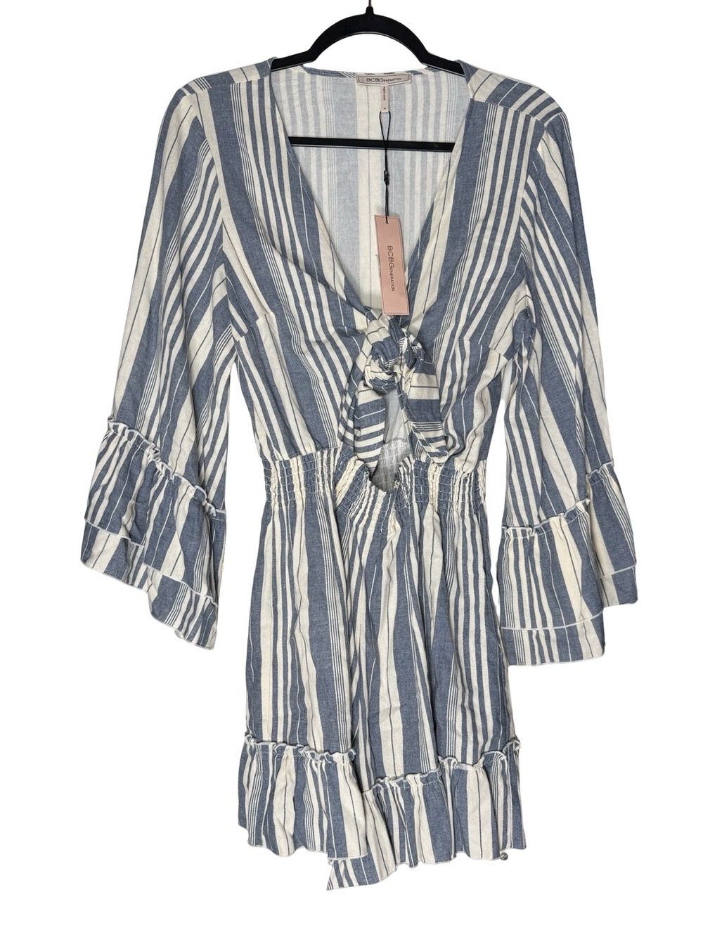 BCBGeneration Striped Romper Medium Linen Blend Tie Front Coastal Ruffle NWT